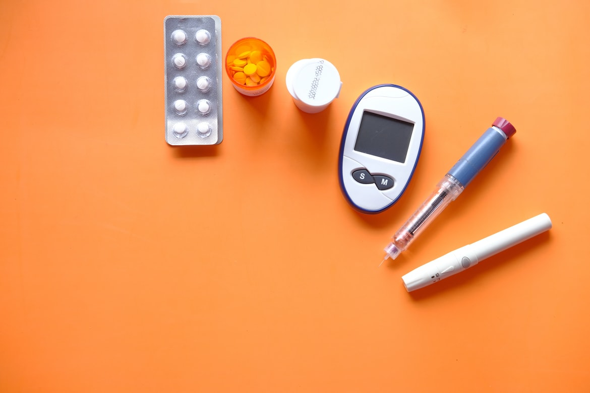 Diabetic medicines and glucose monitor.